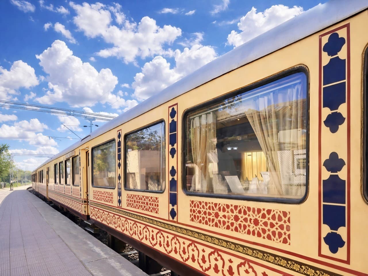 Luxury train journey through India with elegant interiors and scenic landscapes